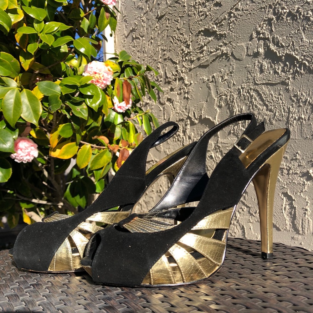 cathy jean black and gold high heels